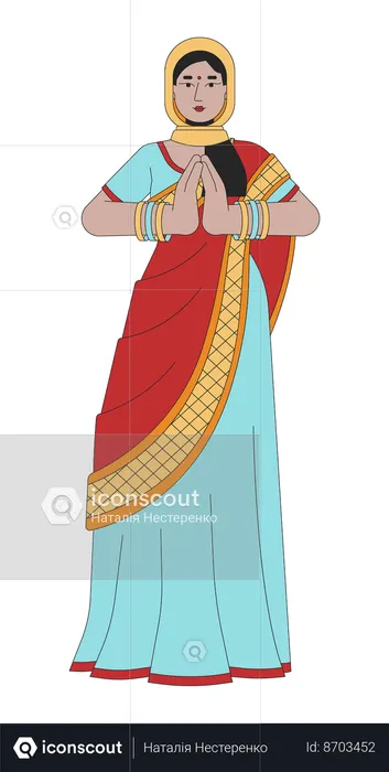 Saree young woman praying on Diwali  Illustration