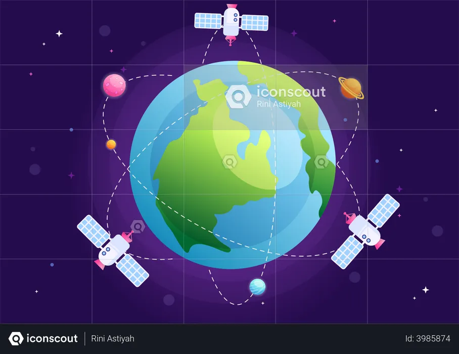 Satélites Artificiais Orbitando o Planeta Terra  Ilustração