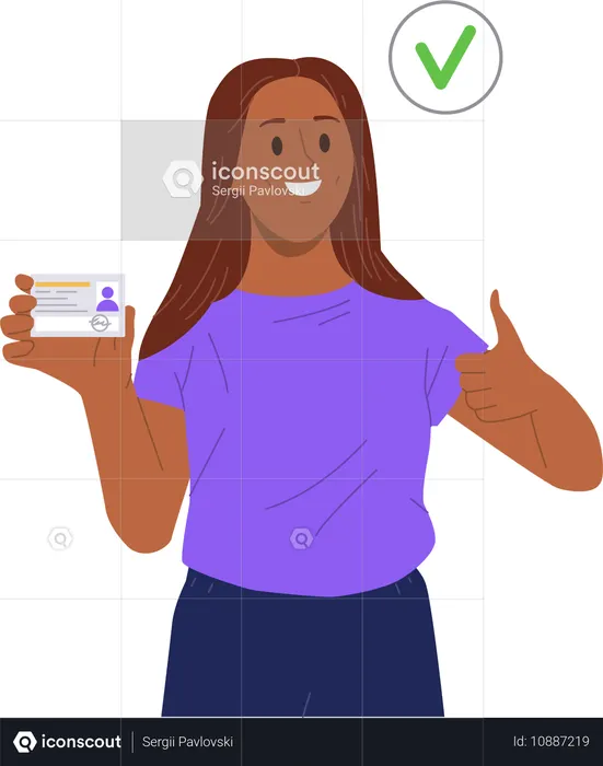 認証後にIDカードを持ち、親指を立てて満足そうな女性  イラスト