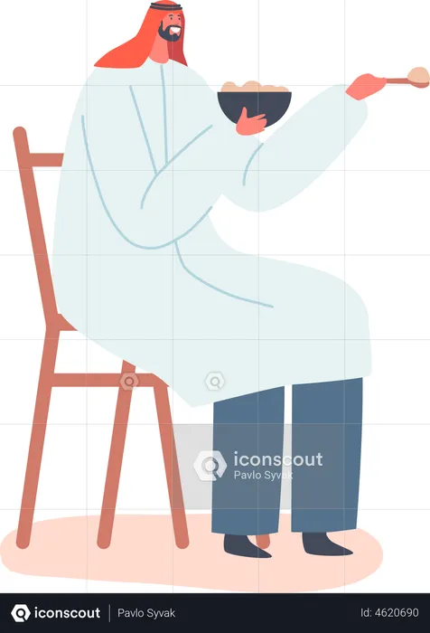 Saudi Male Sitting on Chair and Holding Bowl with Food  Illustration