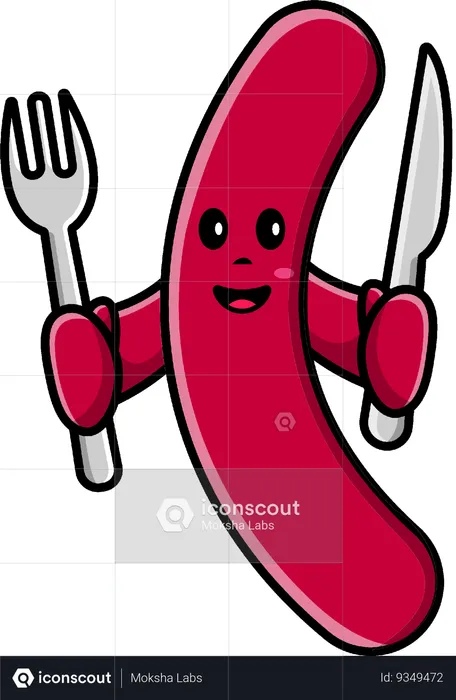 Sausage Mascot Holding Fork And Knife  Illustration