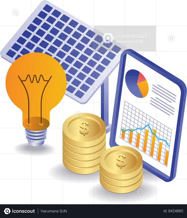 Saving by investing in solar panel energy business  Illustration