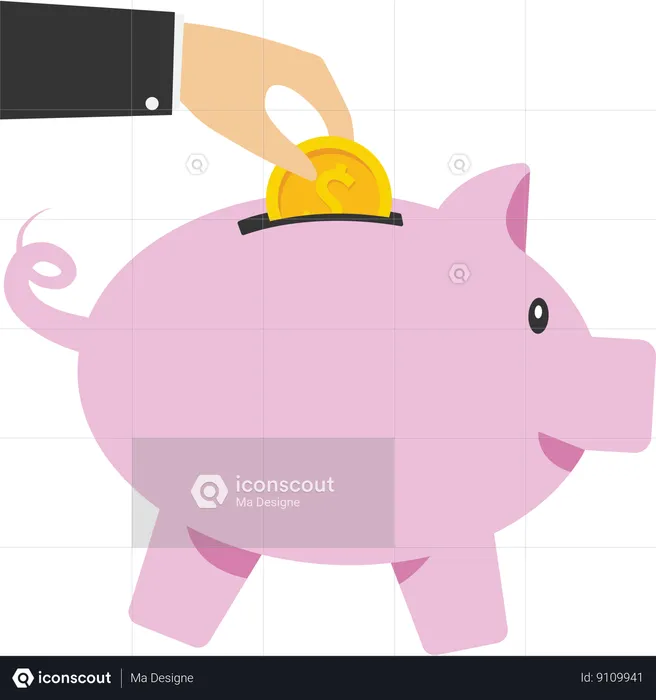 Saving coins into piggy bank  Illustration