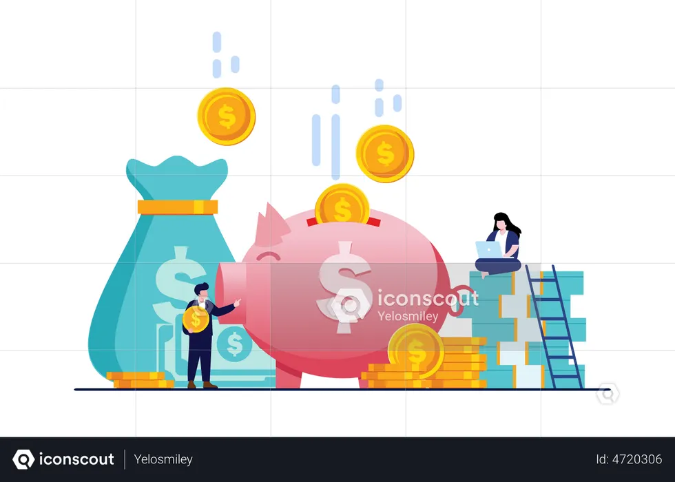 Saving money in piggy bank  Illustration