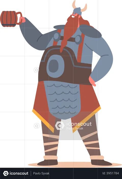 Scandinavian Warrior Male Holding Mug with Ale  Illustration