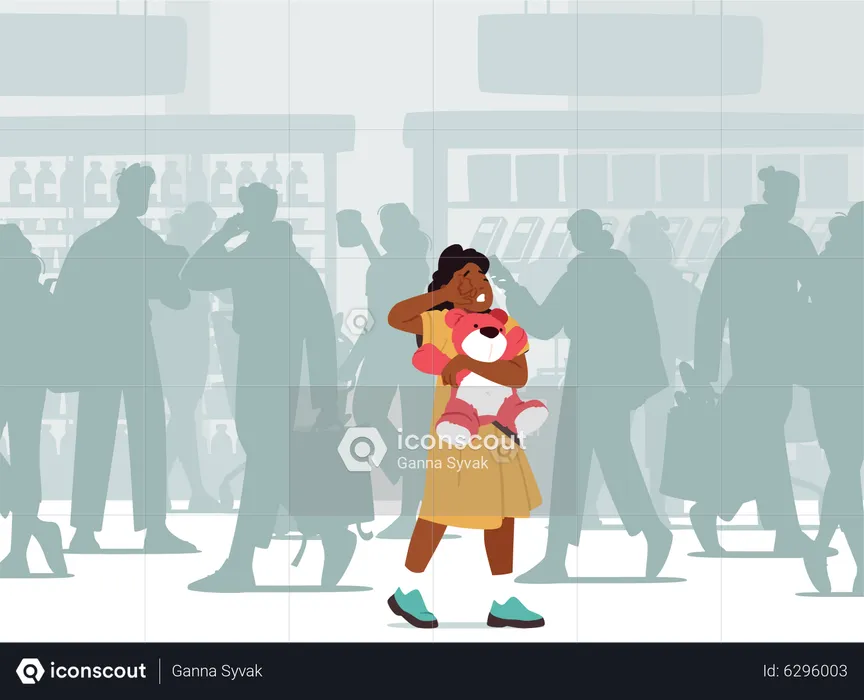 Scared Baby Girl With Teddy Bear Crying And Searching Mother Among Crowd Of People  Illustration