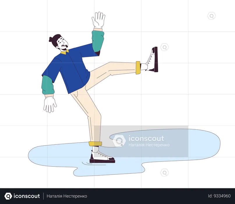 Scared caucasian man falling on wet floor  Illustration