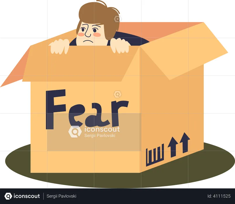 Scared man hiding in cardboard box  Illustration