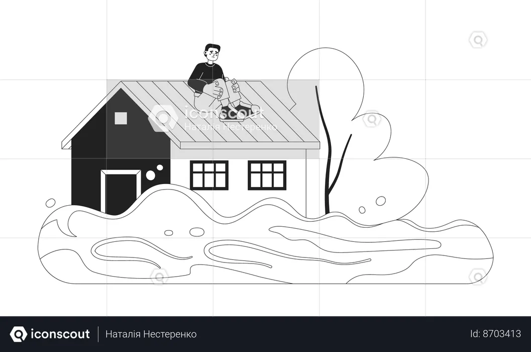 Scared man on house roof  Illustration