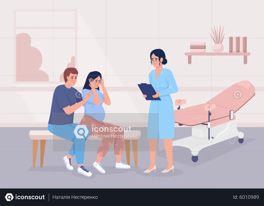 Scared pregnant woman with partner visiting doctor  Illustration