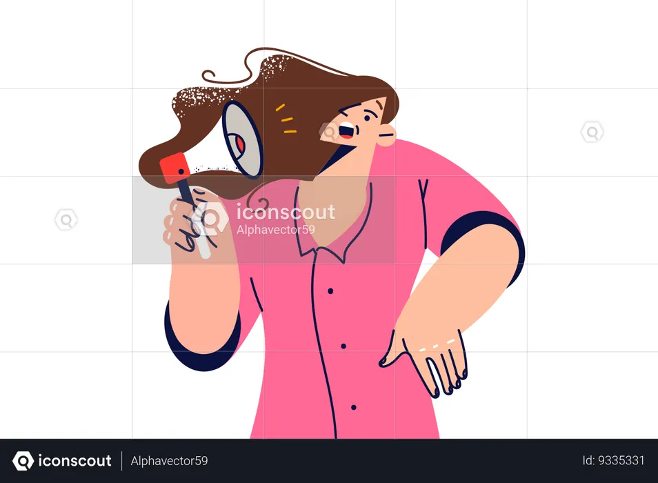 Scared woman hears notification from megaphone  Illustration