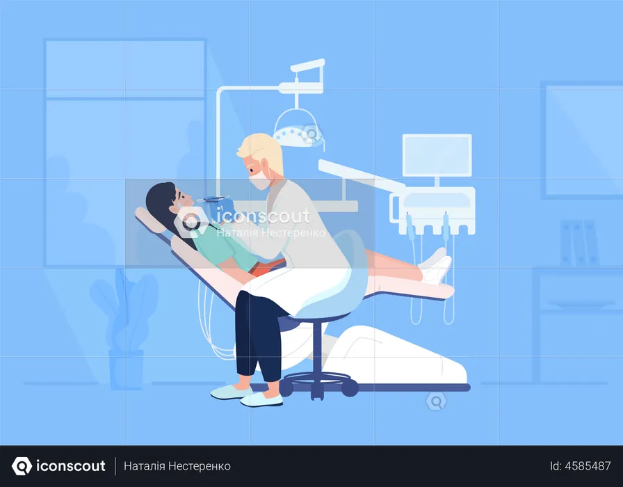 Scared woman in dentist chair during examination  Illustration