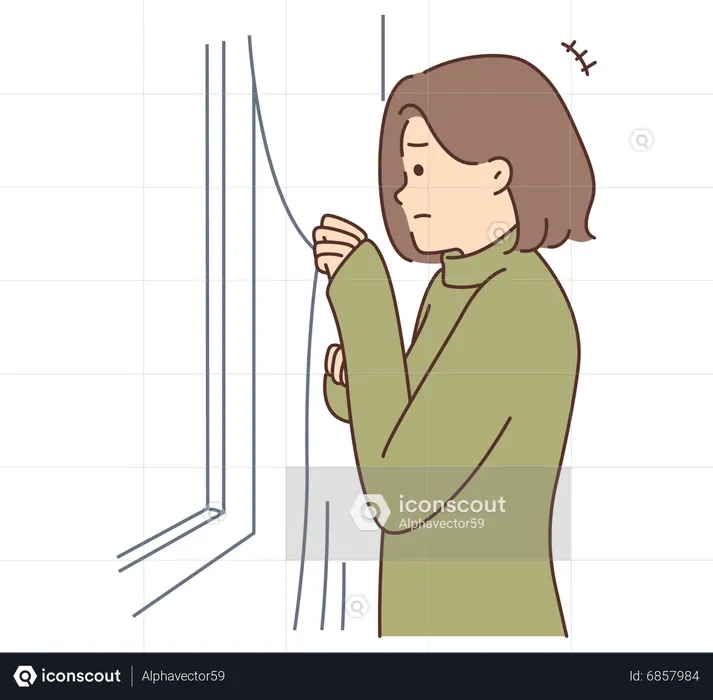 Scared woman looking out window  Illustration