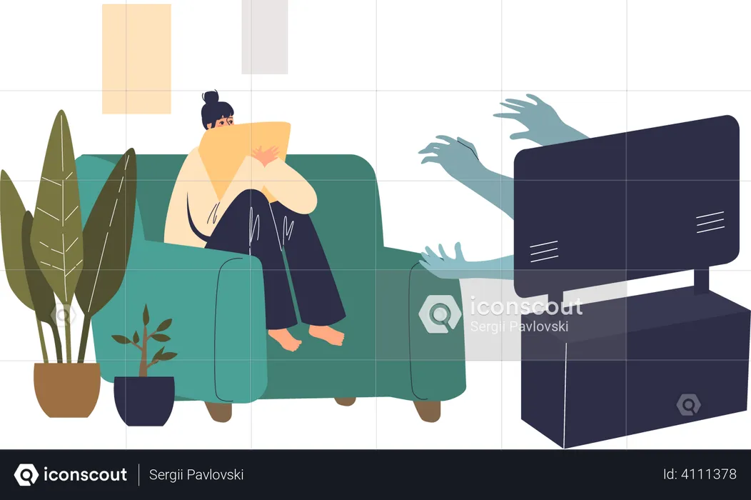 Scared woman watching horror movie at home  Illustration