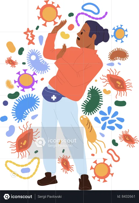 Scared woman with weak immunity fighting against infection microorganism  Illustration