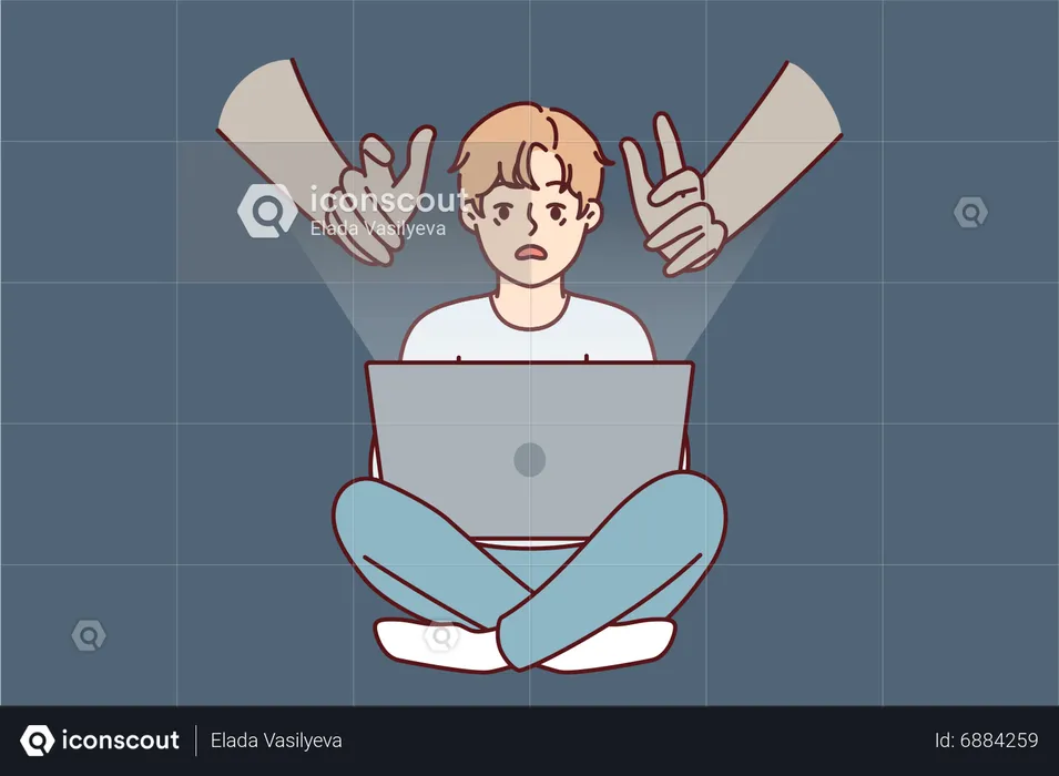 Scary boy watching horror movie on laptop  Illustration