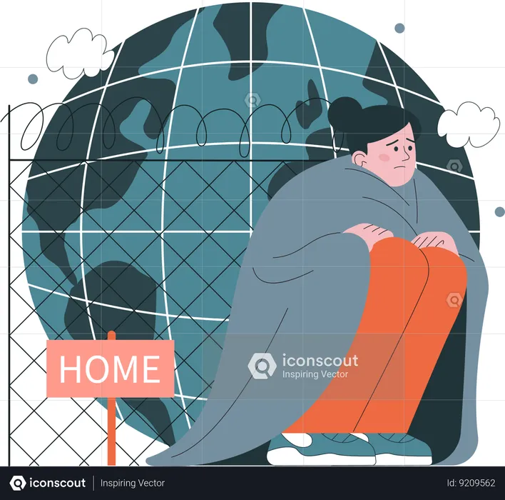 Scary girl Refugee abandone home because of war and look for safe place  Illustration