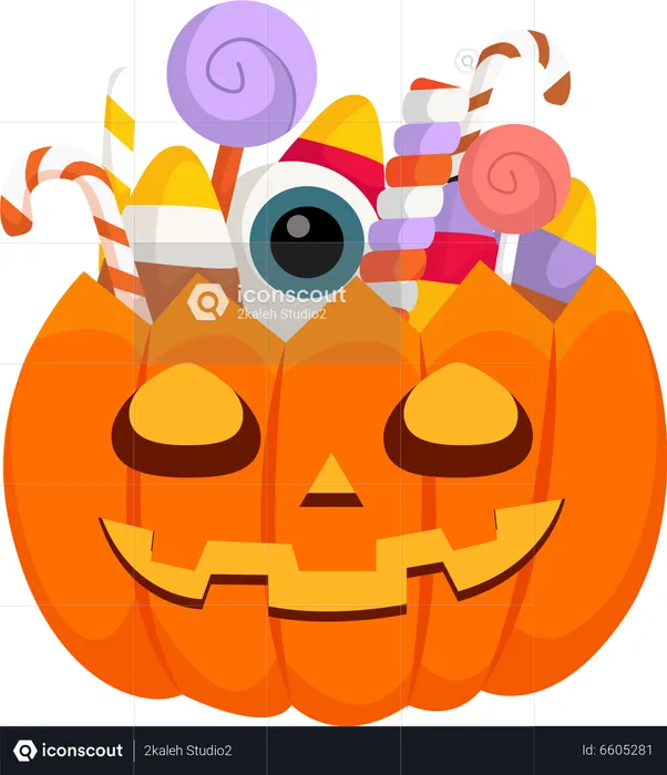 Scary Halloween Pumpkin and Candy  Illustration