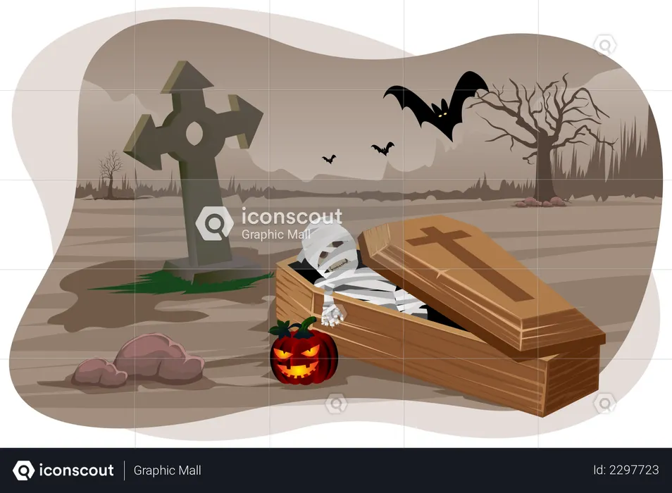 Scary mummy coming out of coffin  Illustration