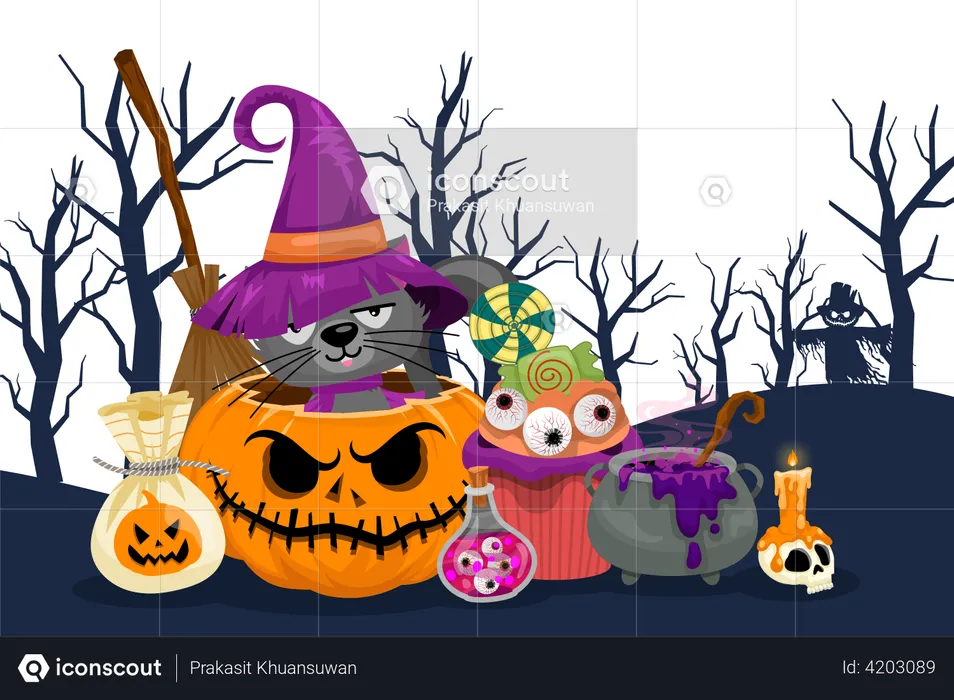 Scary Pumpkin with broom, lollipop, eye, black cat, poison, pot, skull, candle  Illustration