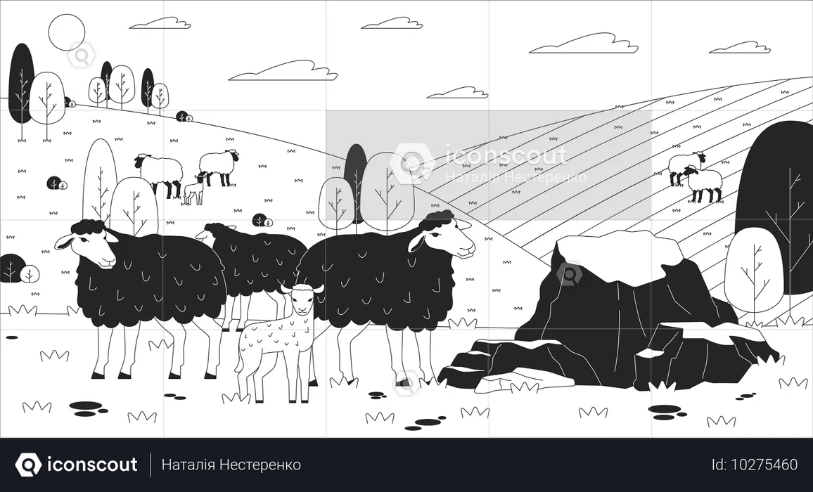 Schafherde grast auf hügeligem Weideland  Illustration