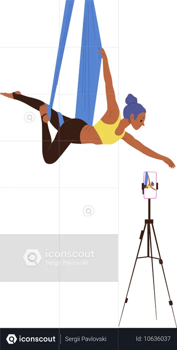 Schlanke Fitness-Frau schwebt in der Hängematte und übt Aerial-Yoga  Illustration