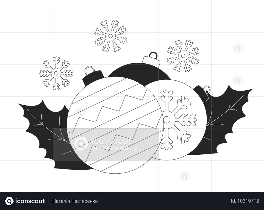 Schneeflocke Weihnachtskugeln Stechpalmenblätter  Illustration