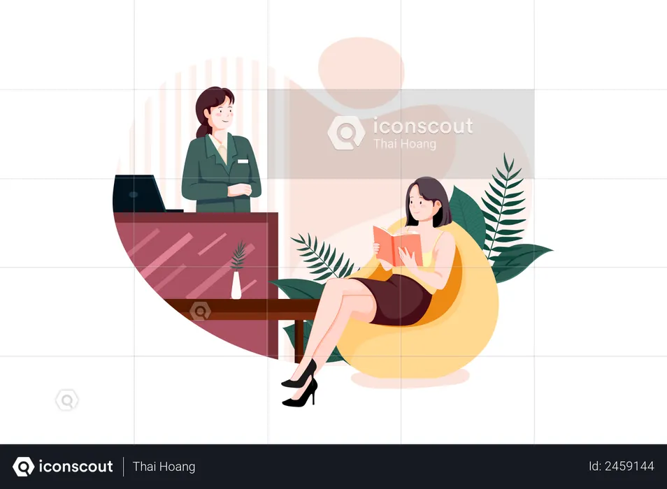 Schöne weibliche Administratorin steht an der Theke im Spa und Schönheitssalon  Illustration