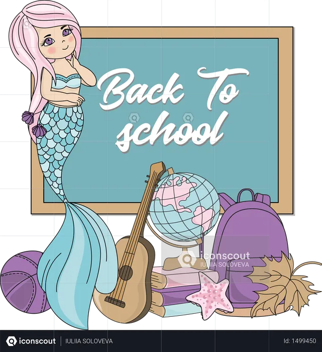 SCHOOL BACK Mermaid Education Cartoon  Illustration