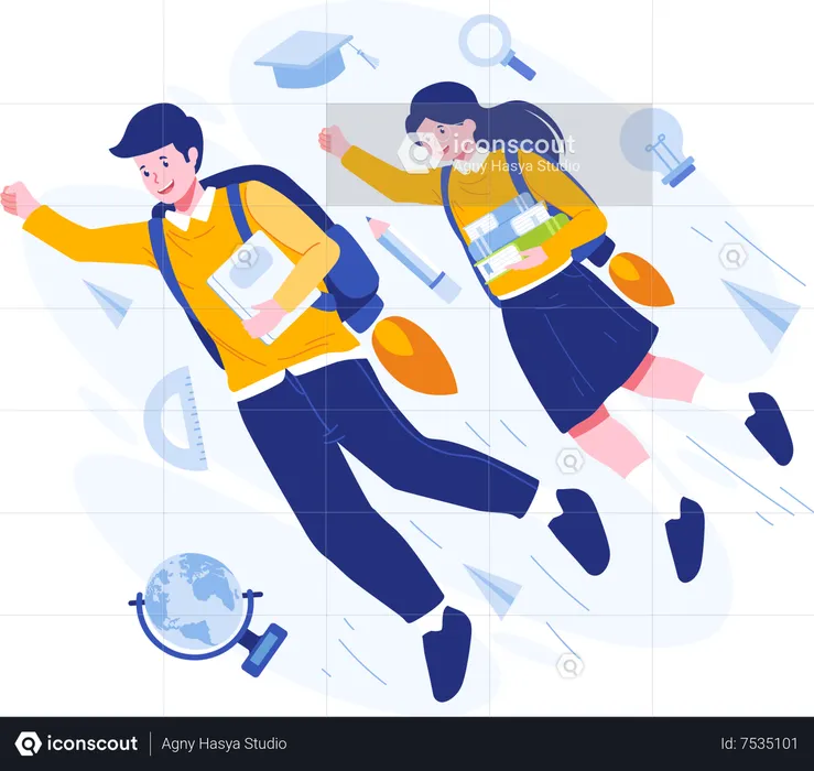 School Boy and Girl are flying towards school  Illustration