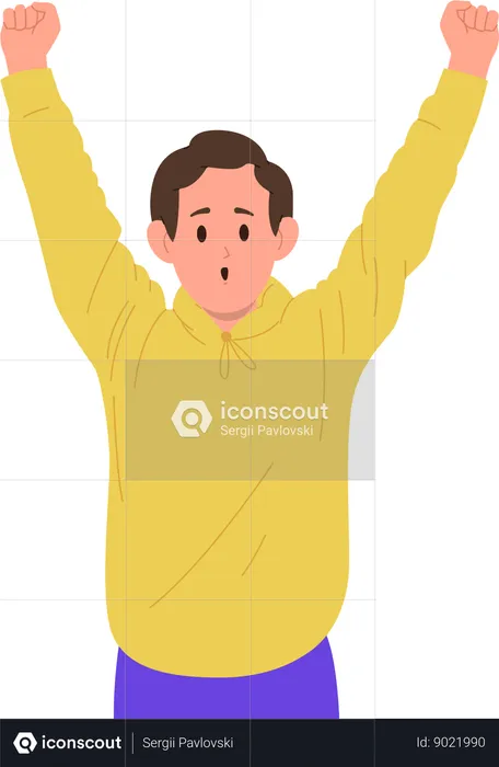 School boy cheering rejoicing with raised hands up  Illustration