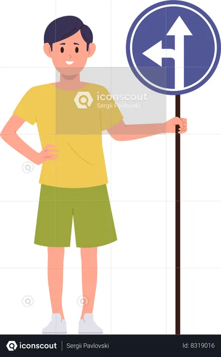 School boy holding turn and straight road traffic sign  Illustration