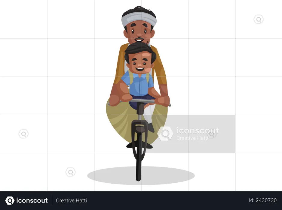 School boy is sitting on the cycle with his father  Illustration