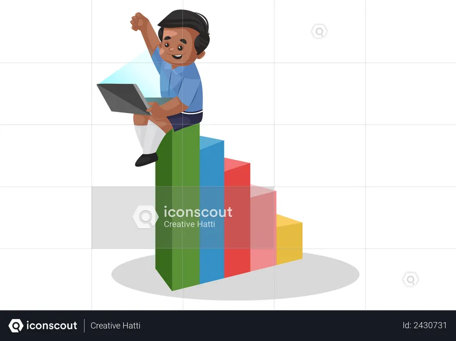 School boy is sitting on the graph and holding laptop  Illustration