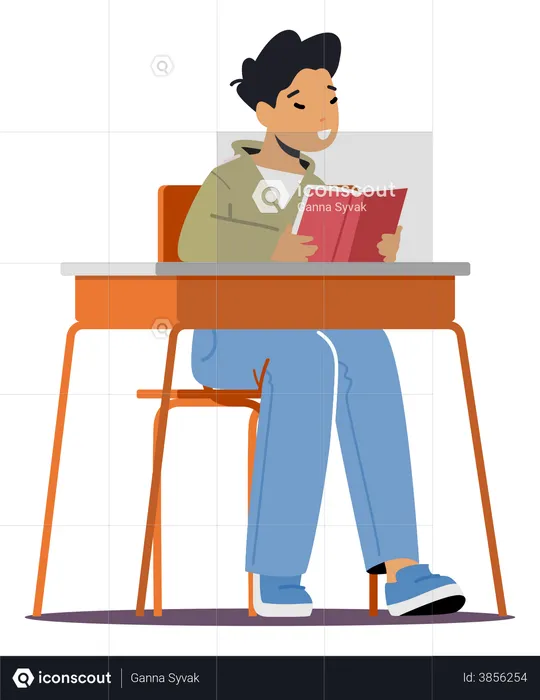 School boy sitting on school bench and  Illustration