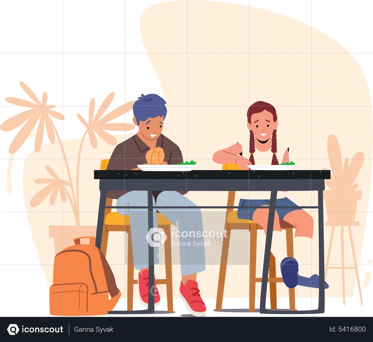 School children eating food In cafeteria after classes  Illustration