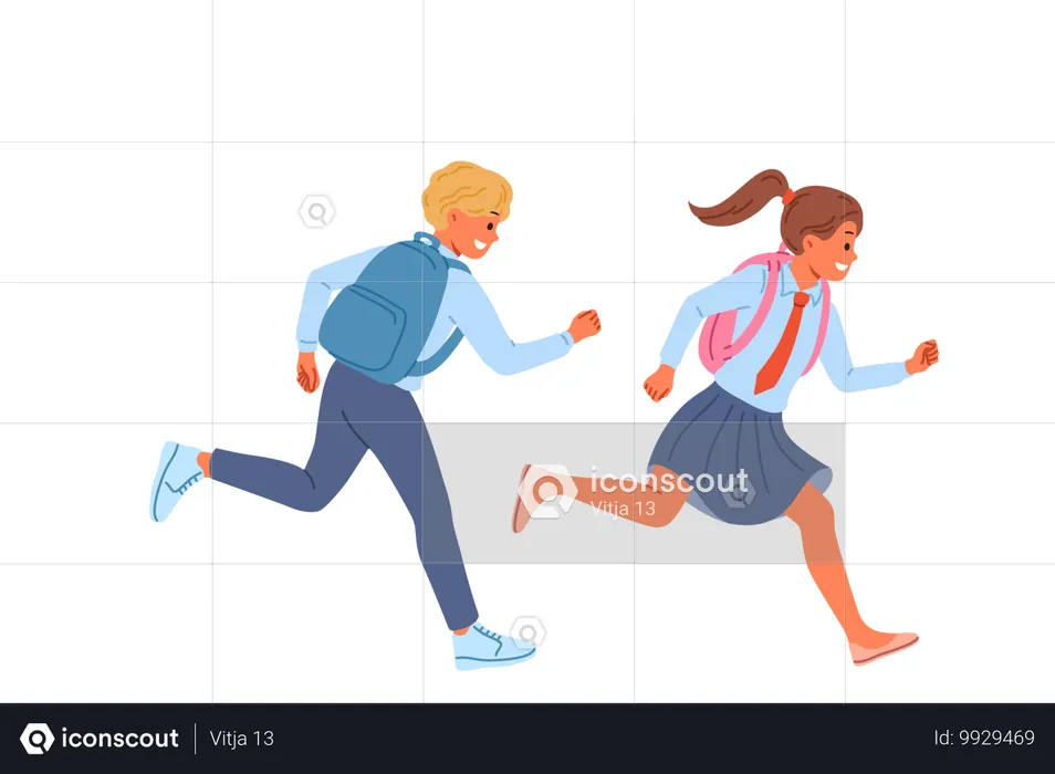 School children with backpacks run away from classes  Illustration