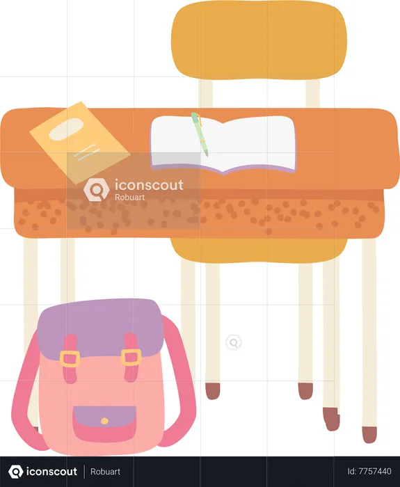 School Desk With Satchel Bag And Supplies  Illustration