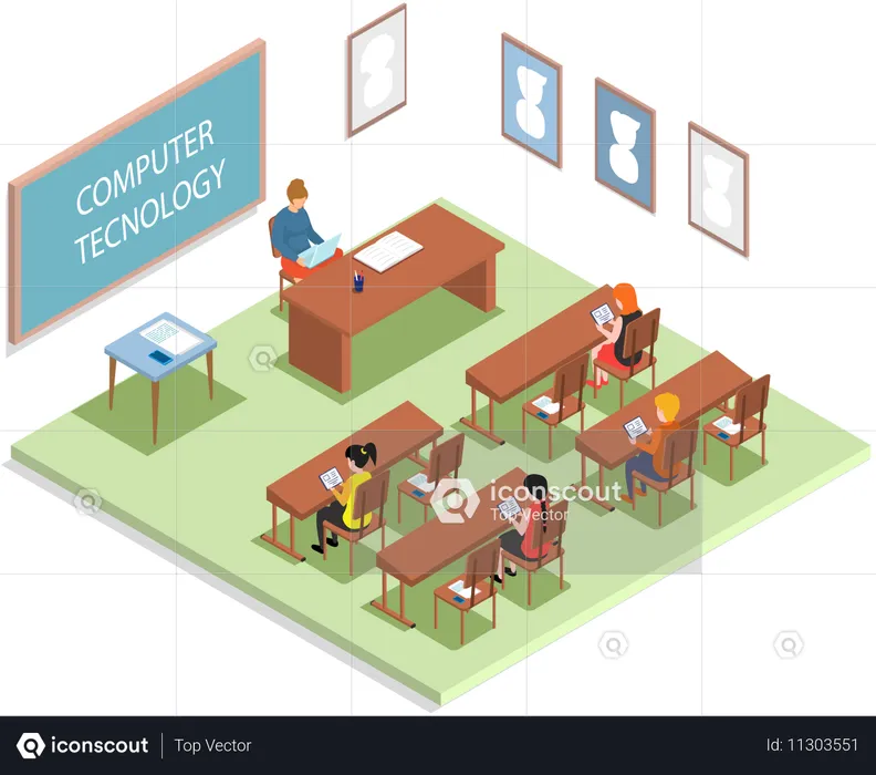 コンピュータ技術の授業を受ける教師と生徒による学校教育  イラスト