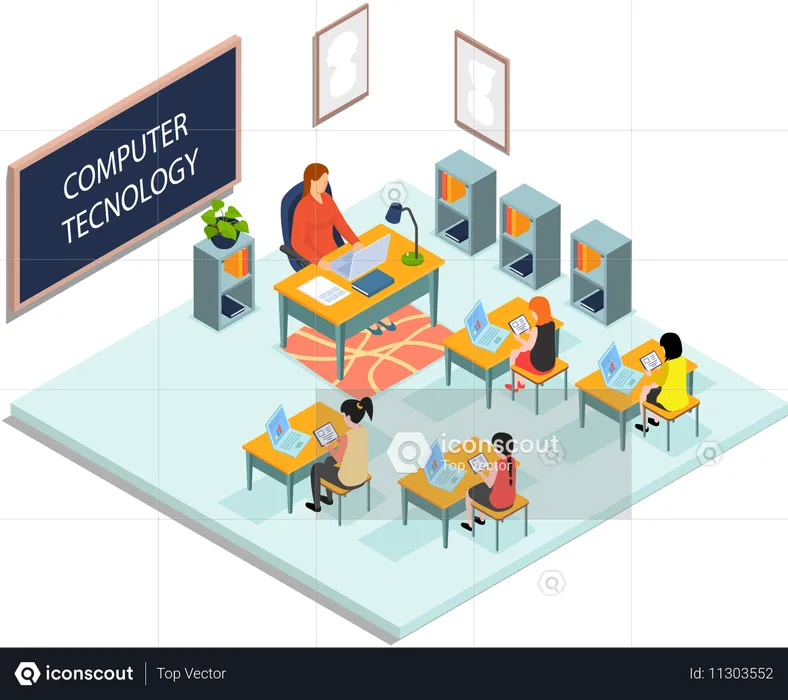 School education with teacher and pupil at computer technology lesson  Illustration