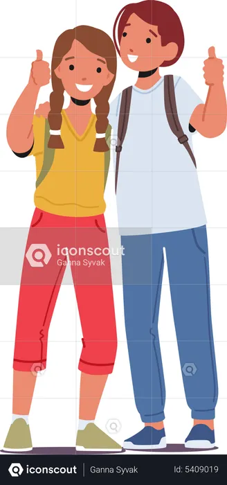 School Friends Girl and Boy Stand Together Showing Thumb Up  Illustration