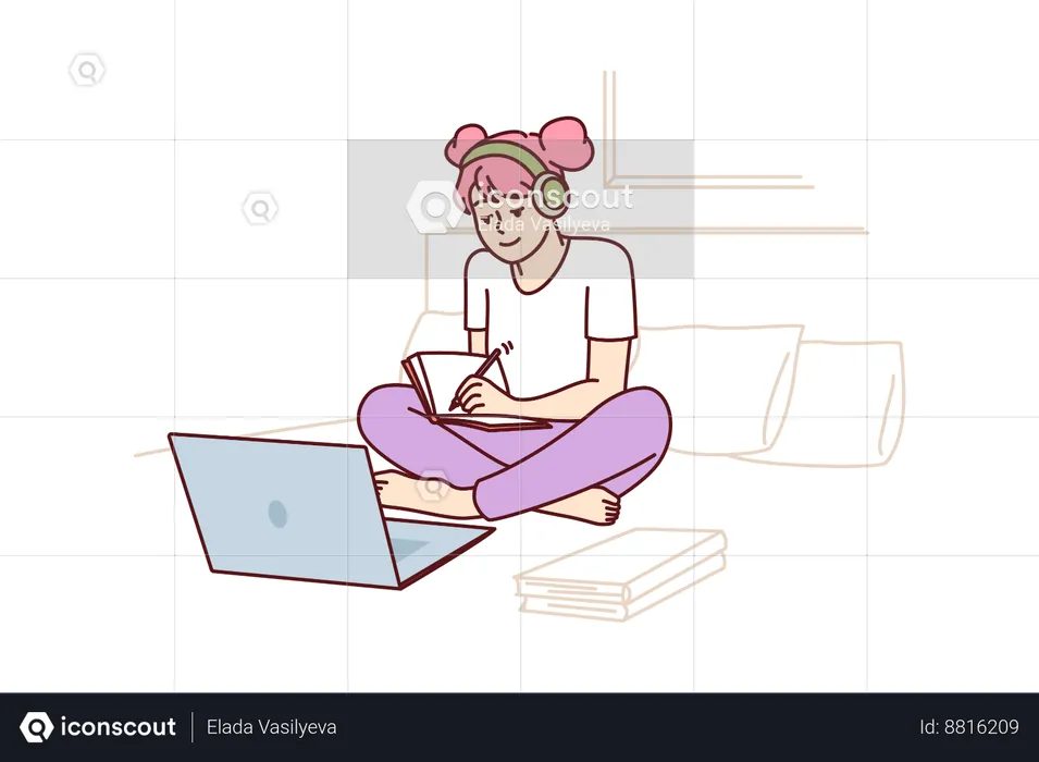 School girl attends online class  Illustration