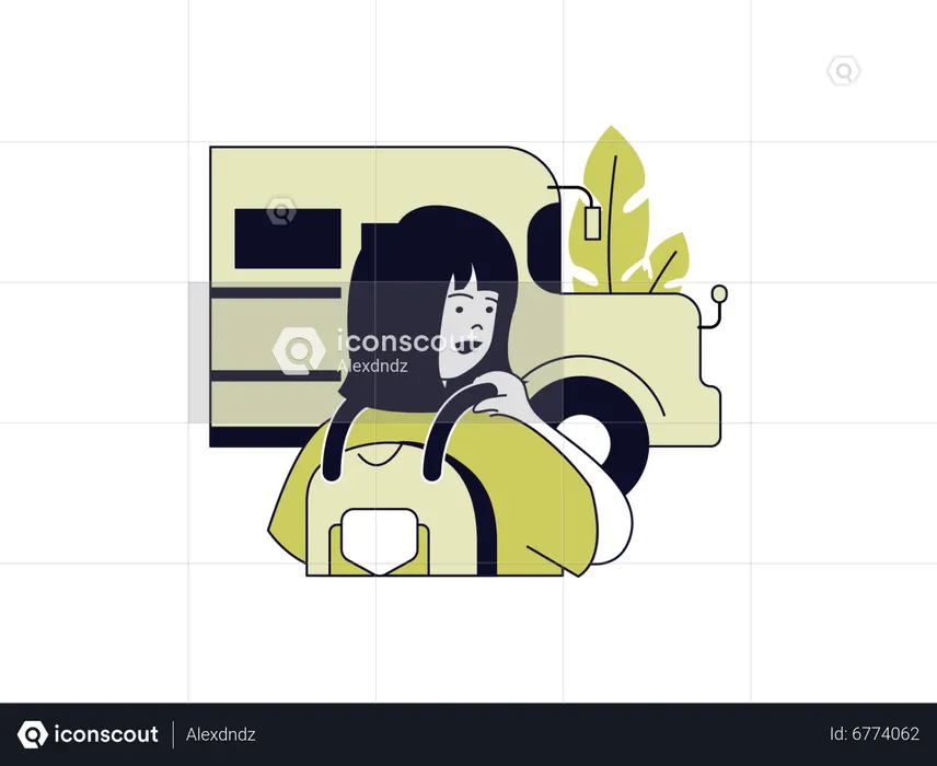 School girl going to school by school bus  Illustration