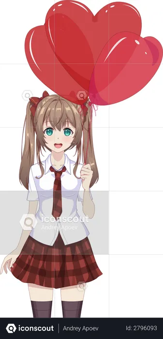 School girl holding heart shaped balloons  Illustration