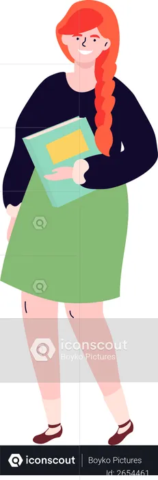 School Girl in a green skirt and black top holding her notebook  Illustration