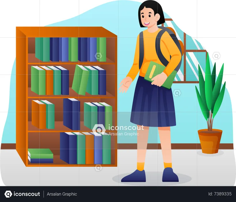 School girl in library  Illustration