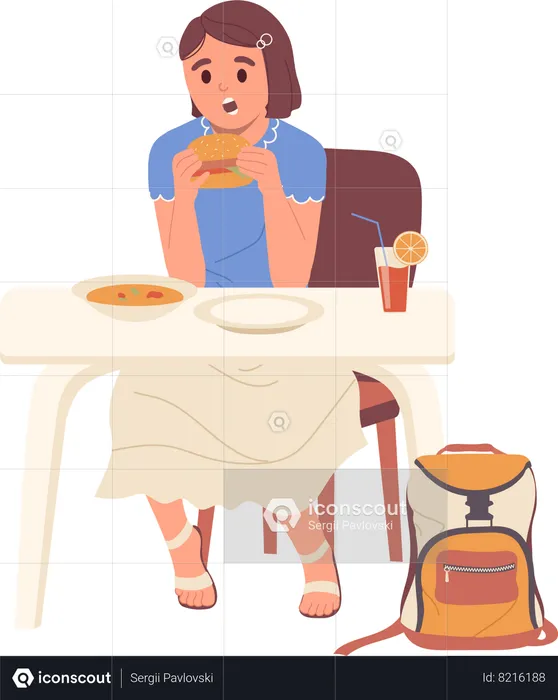 School girl refusing soup healthy food choosing burger unhealthy snack  Illustration