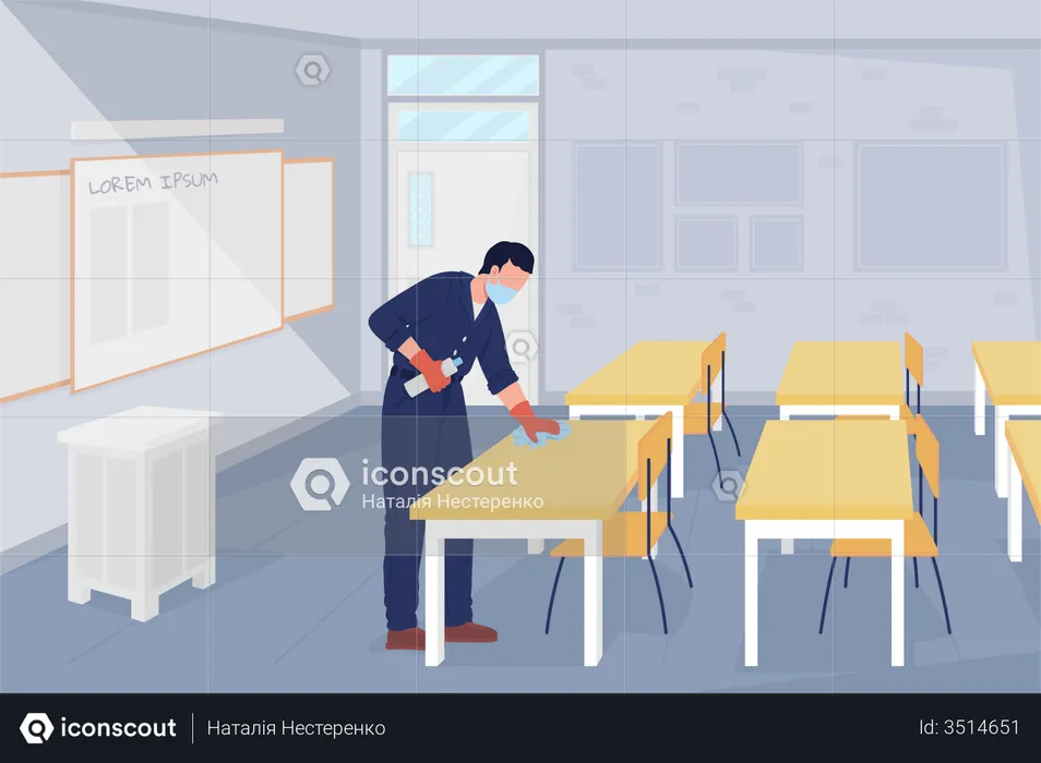School janitor sanitizing classrooms after coronavirus pandemic  Illustration