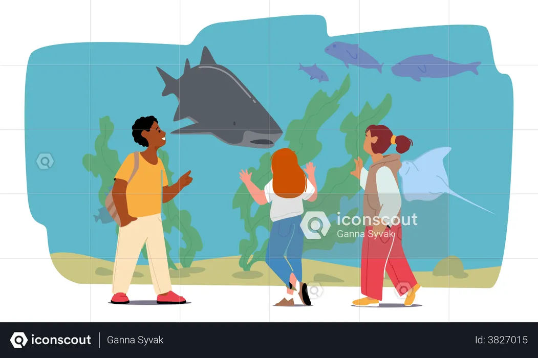 School Kids Stand At Oceanarium Rear View Illustration
