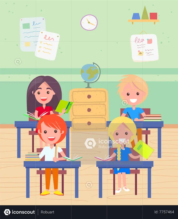 Schoolboy And Schoolgirl Sitting By Desk At Lesson  Illustration